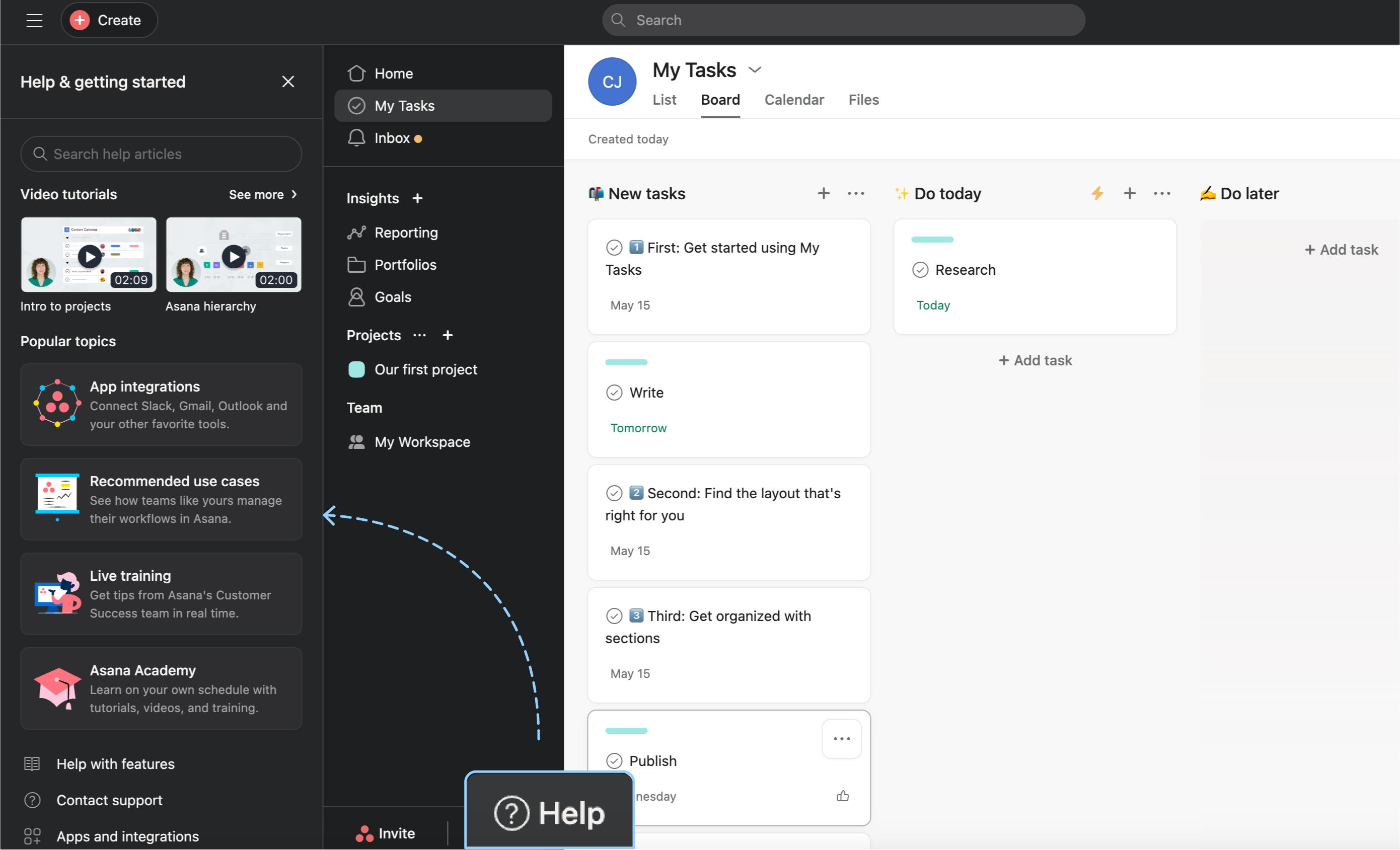 A simple help button opens up a world of useful content in Asana.