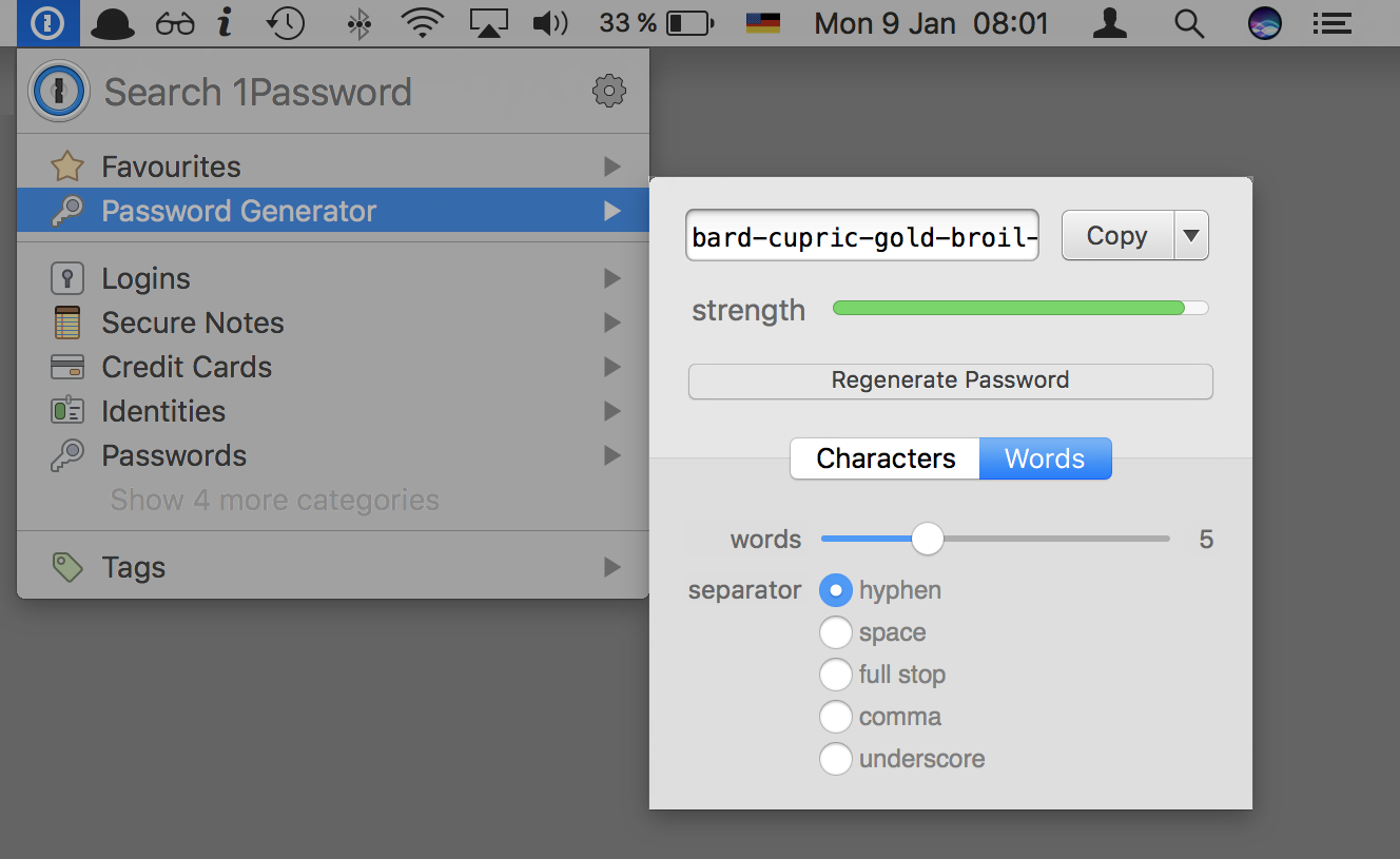 Not only can you store all of your passwords in 1Password, it also generates passwords for you.