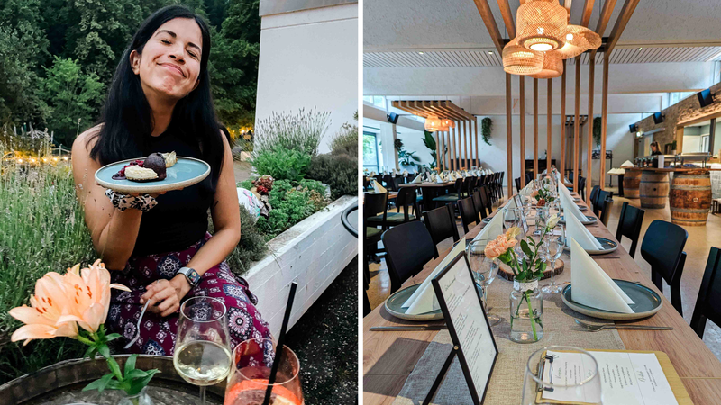 Girl holding food and dinner table setting