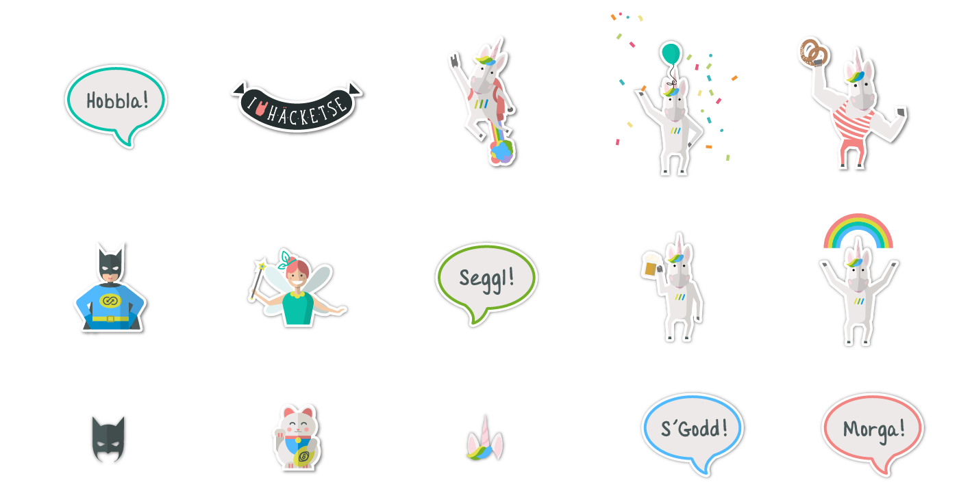 Picture showcasing some of the K15t Software stickers, e.g. a unicorn, a fairy, etc.