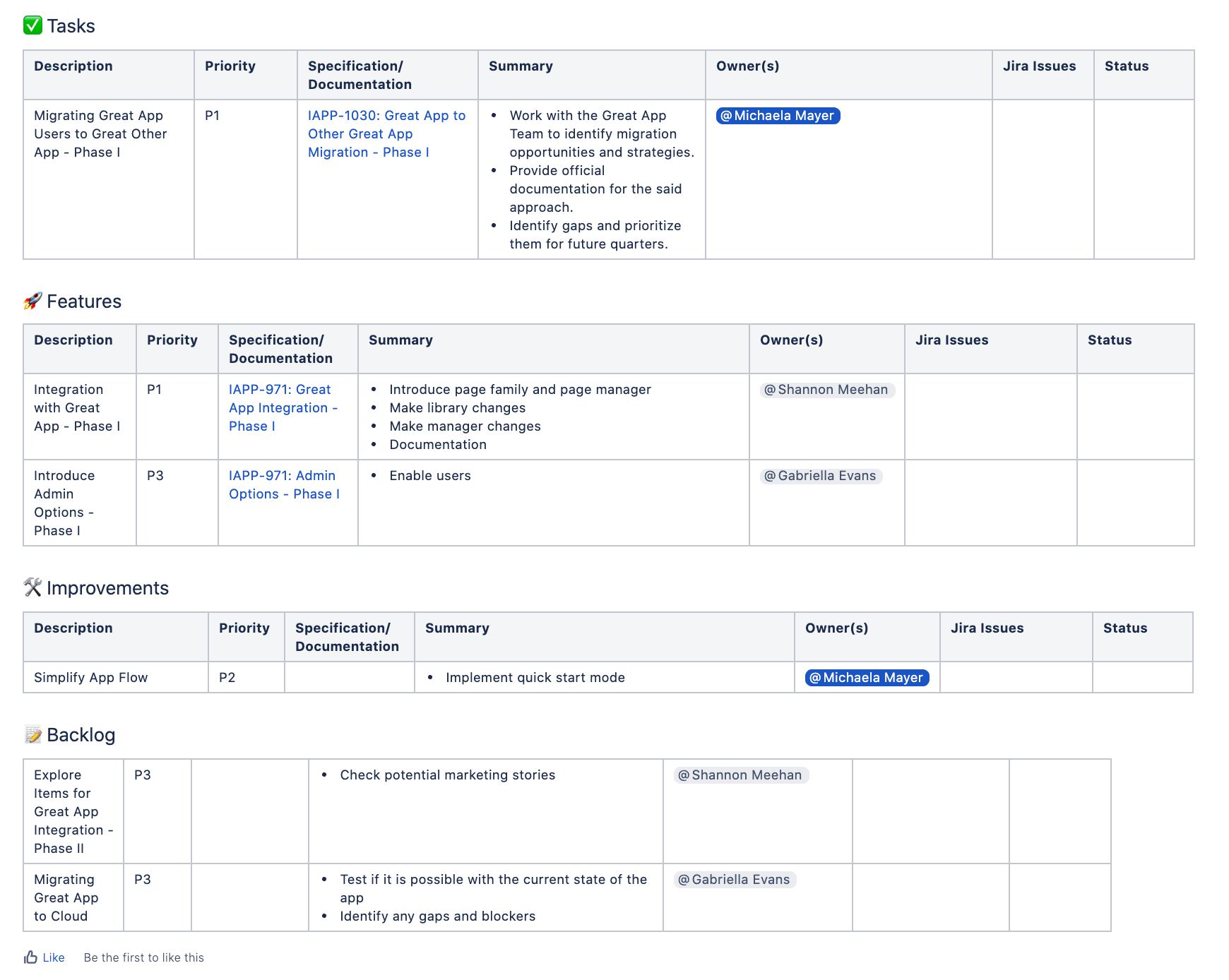 Part two of our example for a product roadmap template in Confluence 