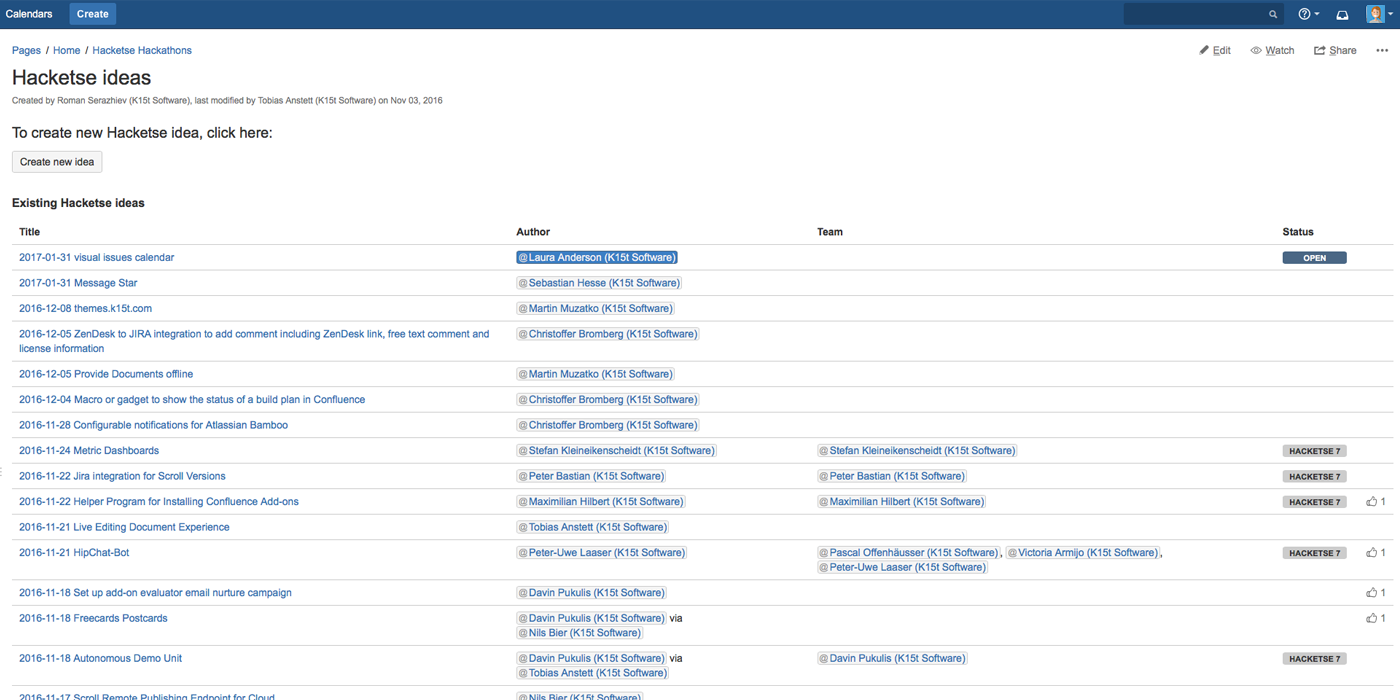 Managing hackathon ideas on a Confluence page