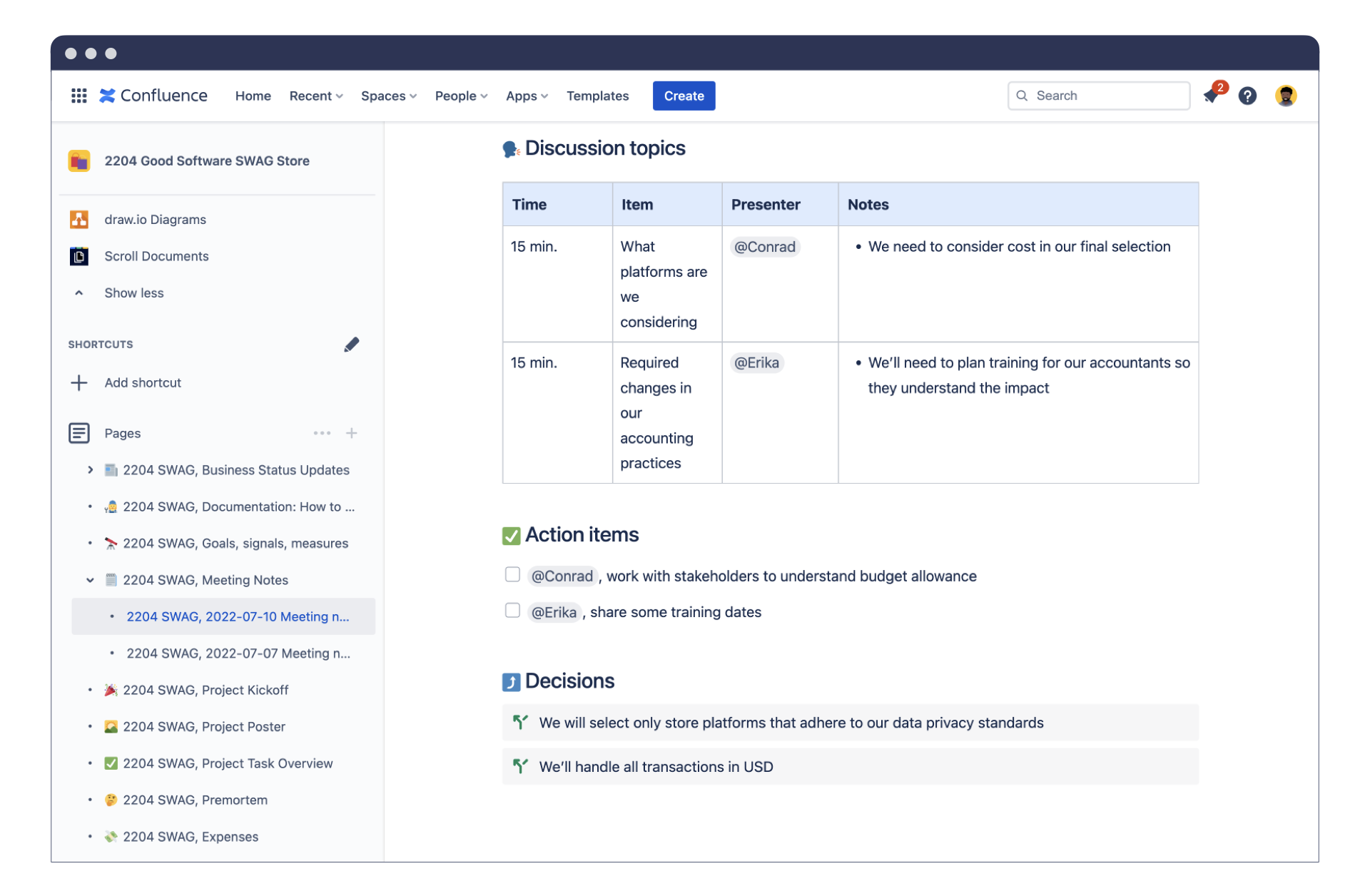 Confluence page displaying a chart and project page tree.