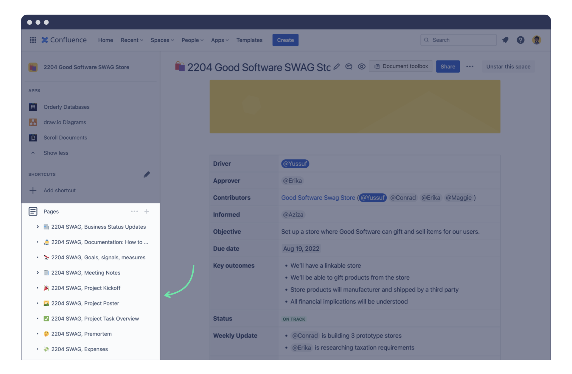 Confluence page tree displaying project structure.