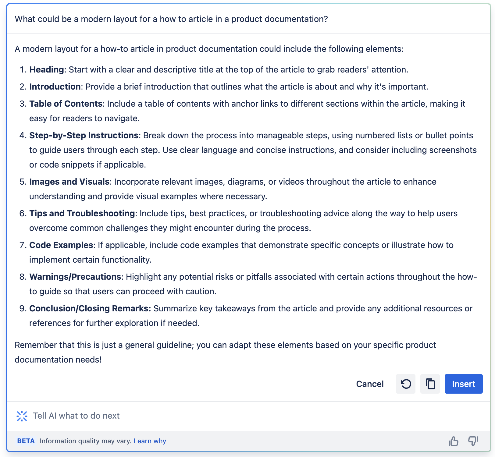 Confluence Cloud editor with Atlassian Intelligence brainstorming over a new how-to article layout.